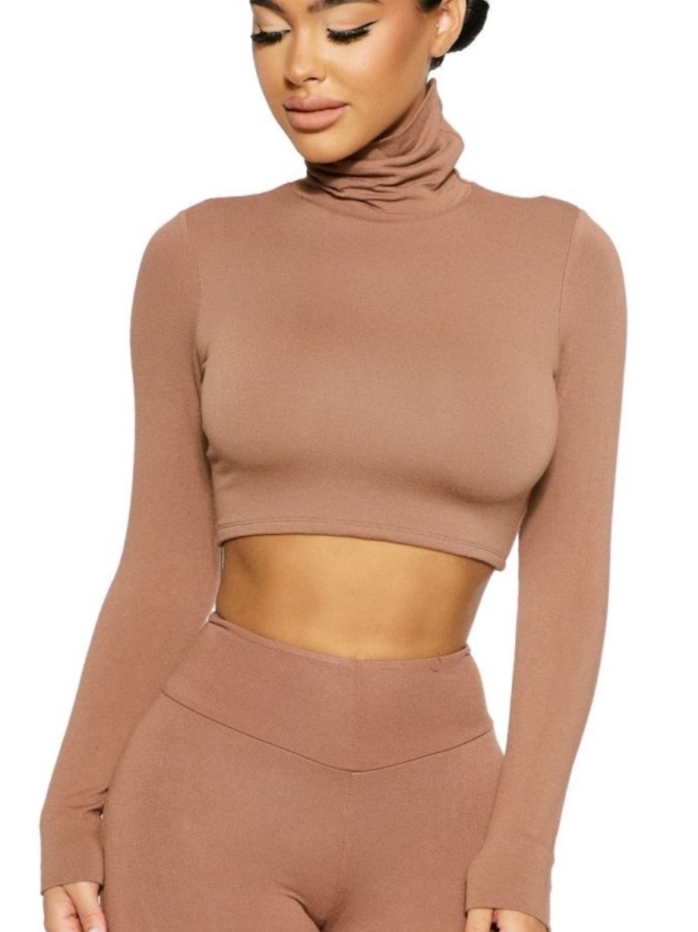 Naked Wardrobe Cropped Turtleneck Top - Mocha